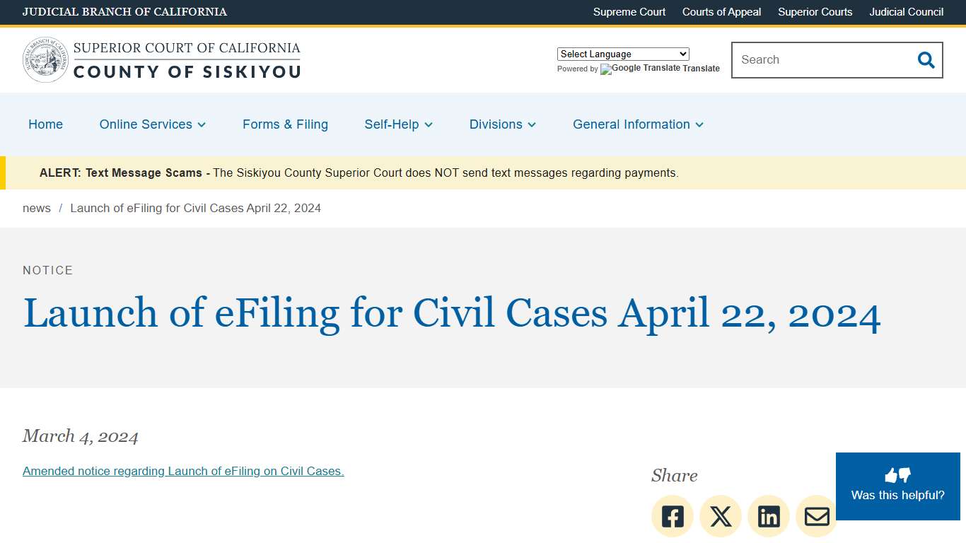 Launch of eFiling for Civil Cases April 22, 2024 Superior Court of California County of Siskiyou