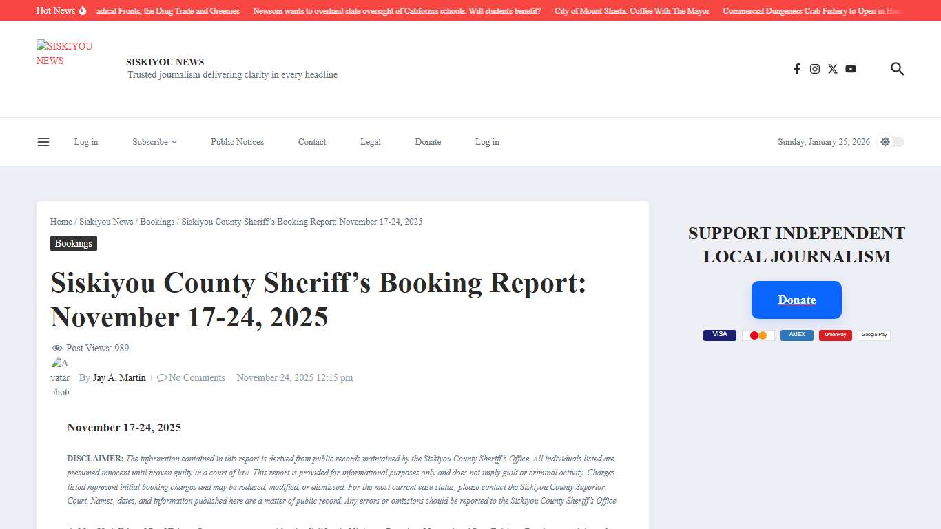 Siskiyou County Sheriff’s Booking Report: November 17-24, 2025 – SISKIYOU NEWS