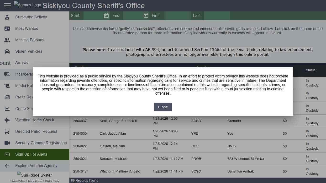 Siskiyou County Sheriff's Office - Incarcerated People