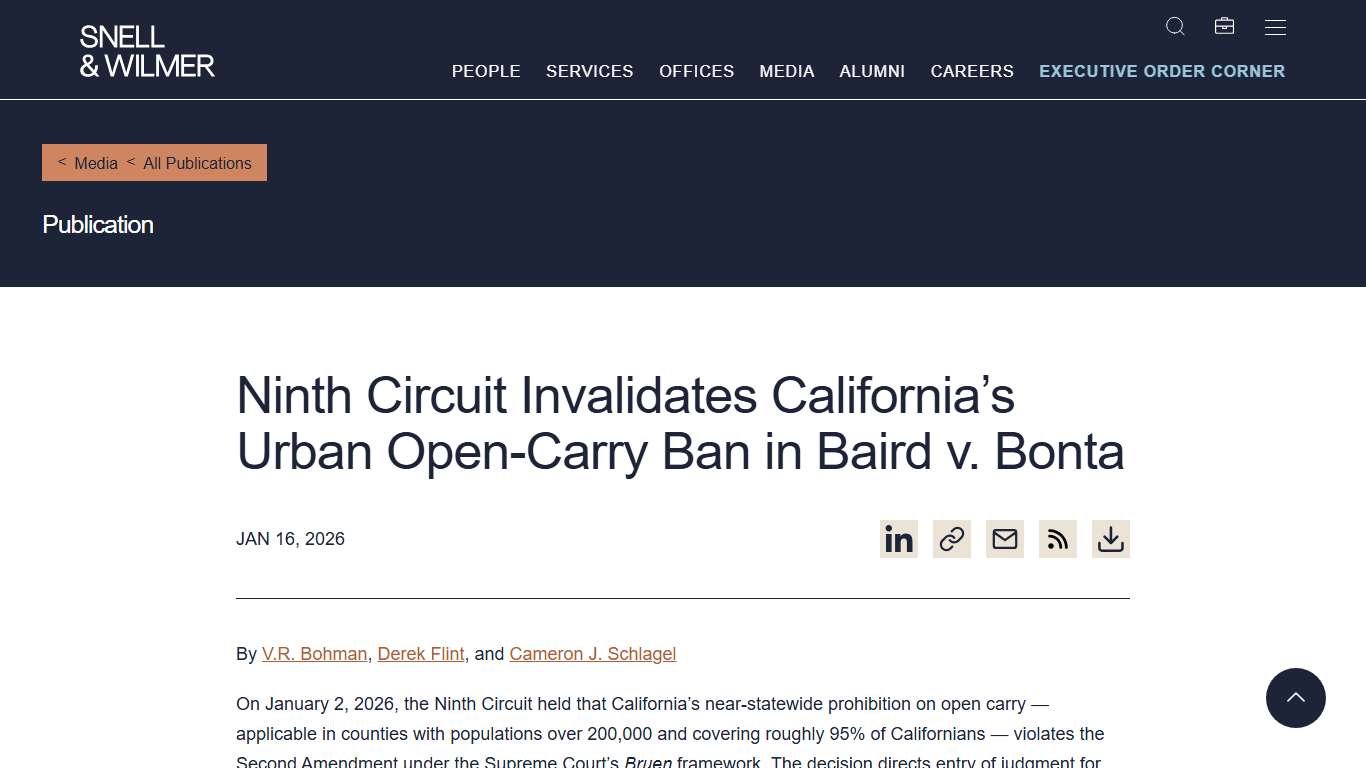 Ninth Circuit Invalidates California’s Urban Open-Carry Ban in Baird v. Bonta - Law Offices of Snell & Wilmer