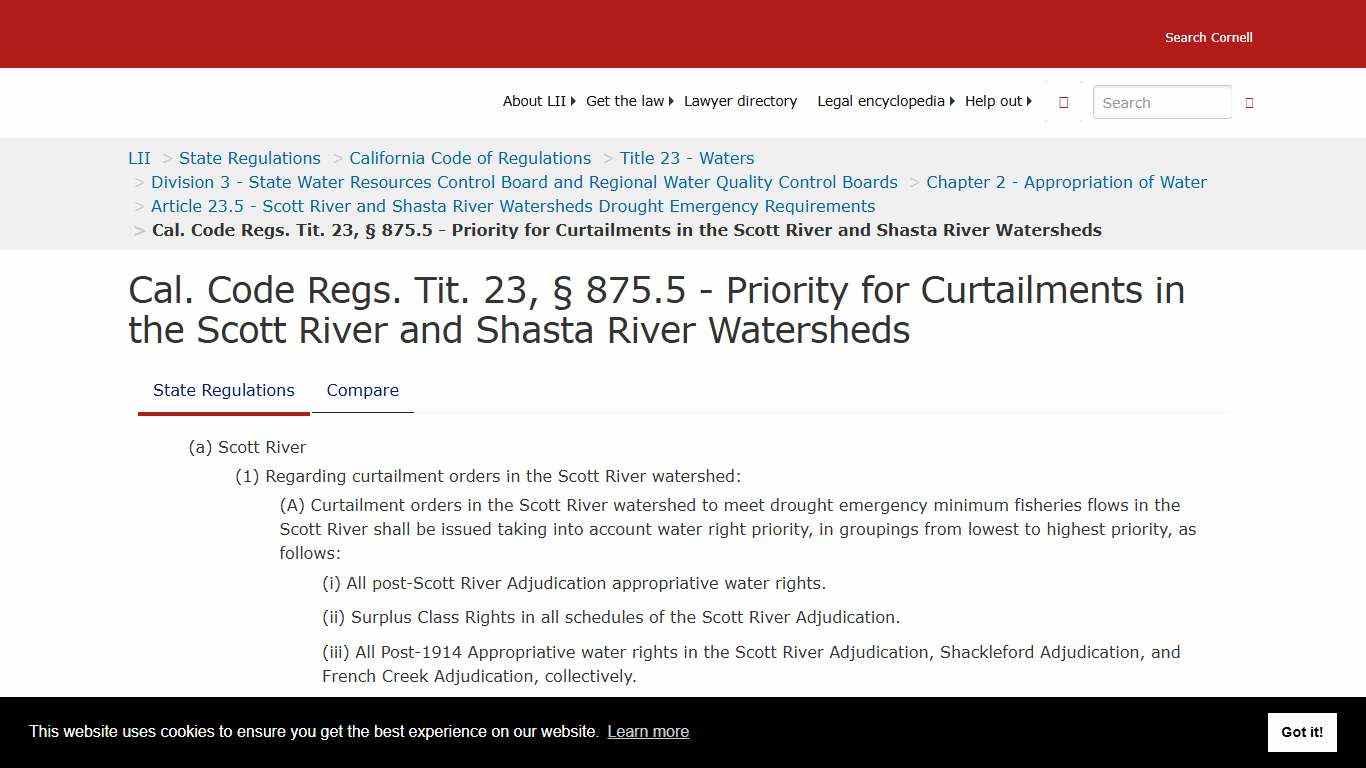 Cal. Code Regs. Tit. 23, § 875.5 - Priority for Curtailments in the Scott River and Shasta River Watersheds State Regulations US Law LII / Legal Information Institute