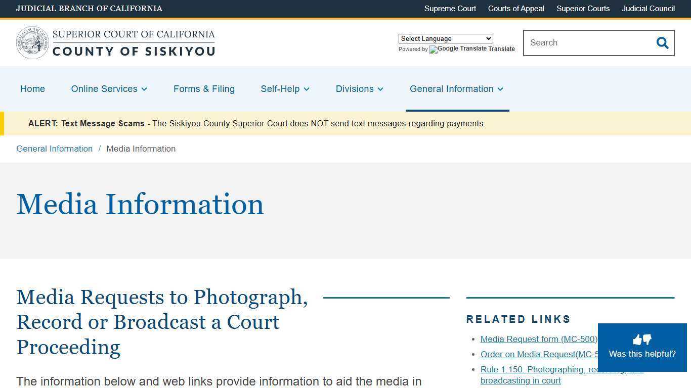 Media Information Superior Court of California County of Siskiyou